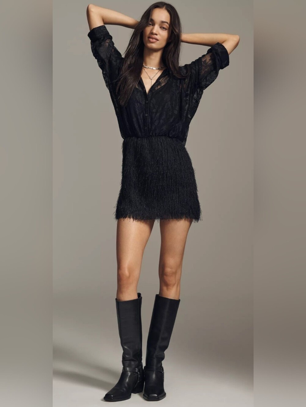 Anthropologie's Maeve Black Lace & Fringe Mini Dress Size Medium